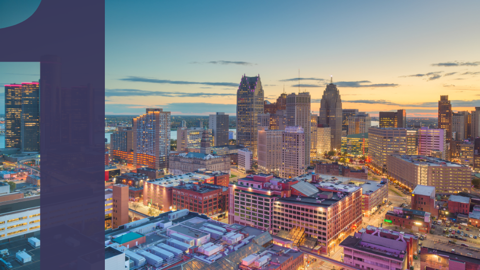 Detroit skyline at sunset seen from above